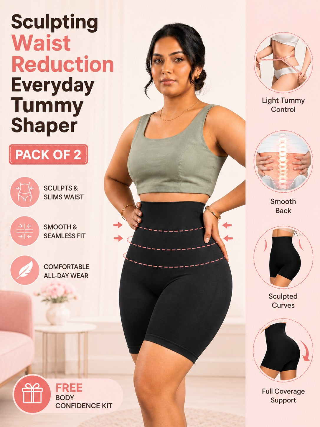Sculpting Waist Reduction Everyday Tummy Shaper PACK OF 2 With FREE Body Confidence Kit