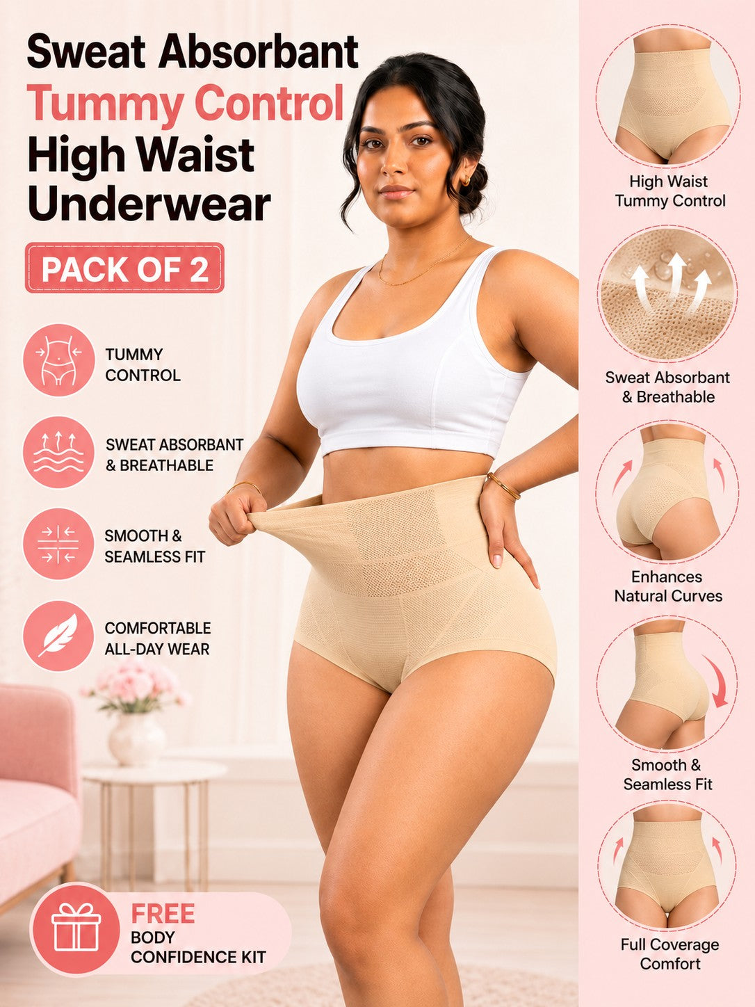 Sweat Absorbant Tummy Control High Waist Underwear With FREE Body Confidence Kit