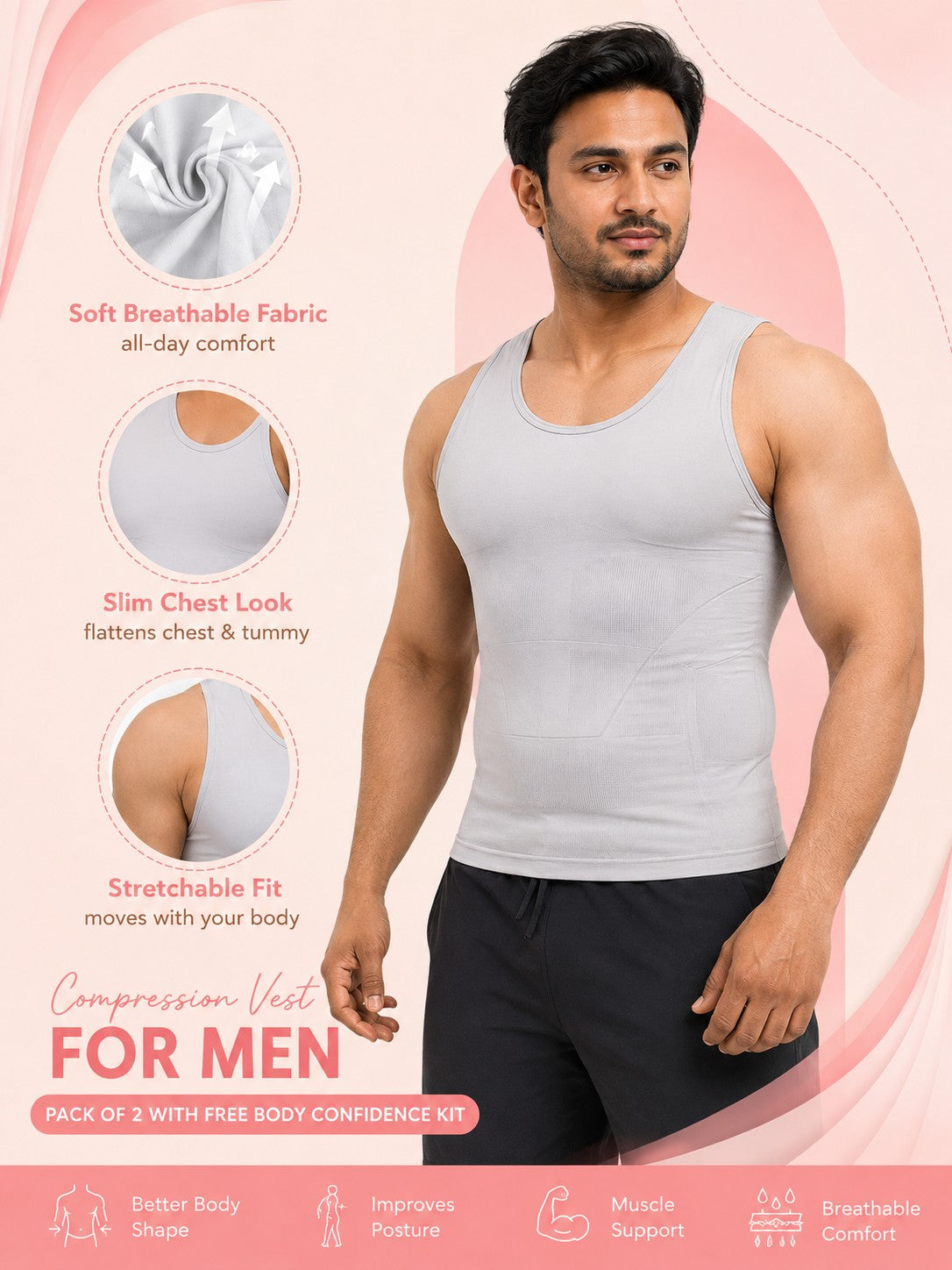 Compression Vest For Men PACK OF 2 With FREE Body Confidence Kit