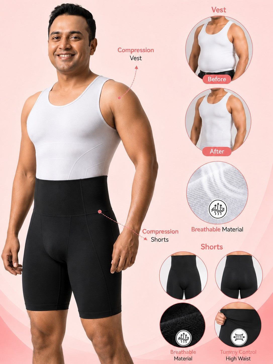 Compression Shorts and Compression Vest Combo For Men PACK OF 2 With FREE Body Confidence Kit