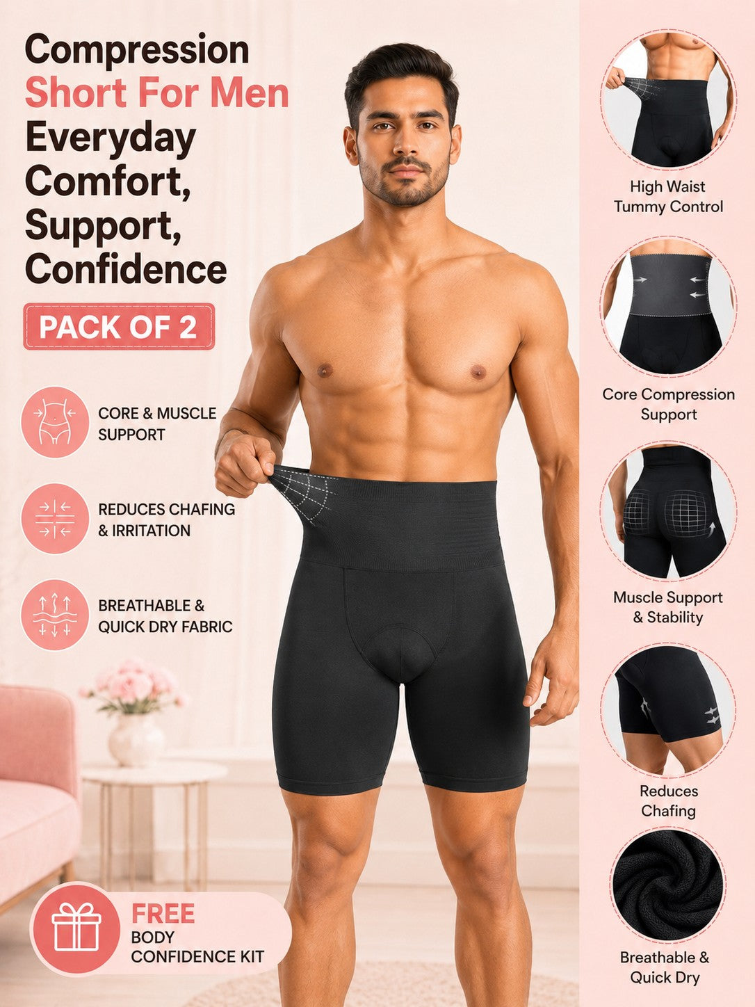 Compression Short For Men PACK OF 2 With FREE Body Confidence Kit