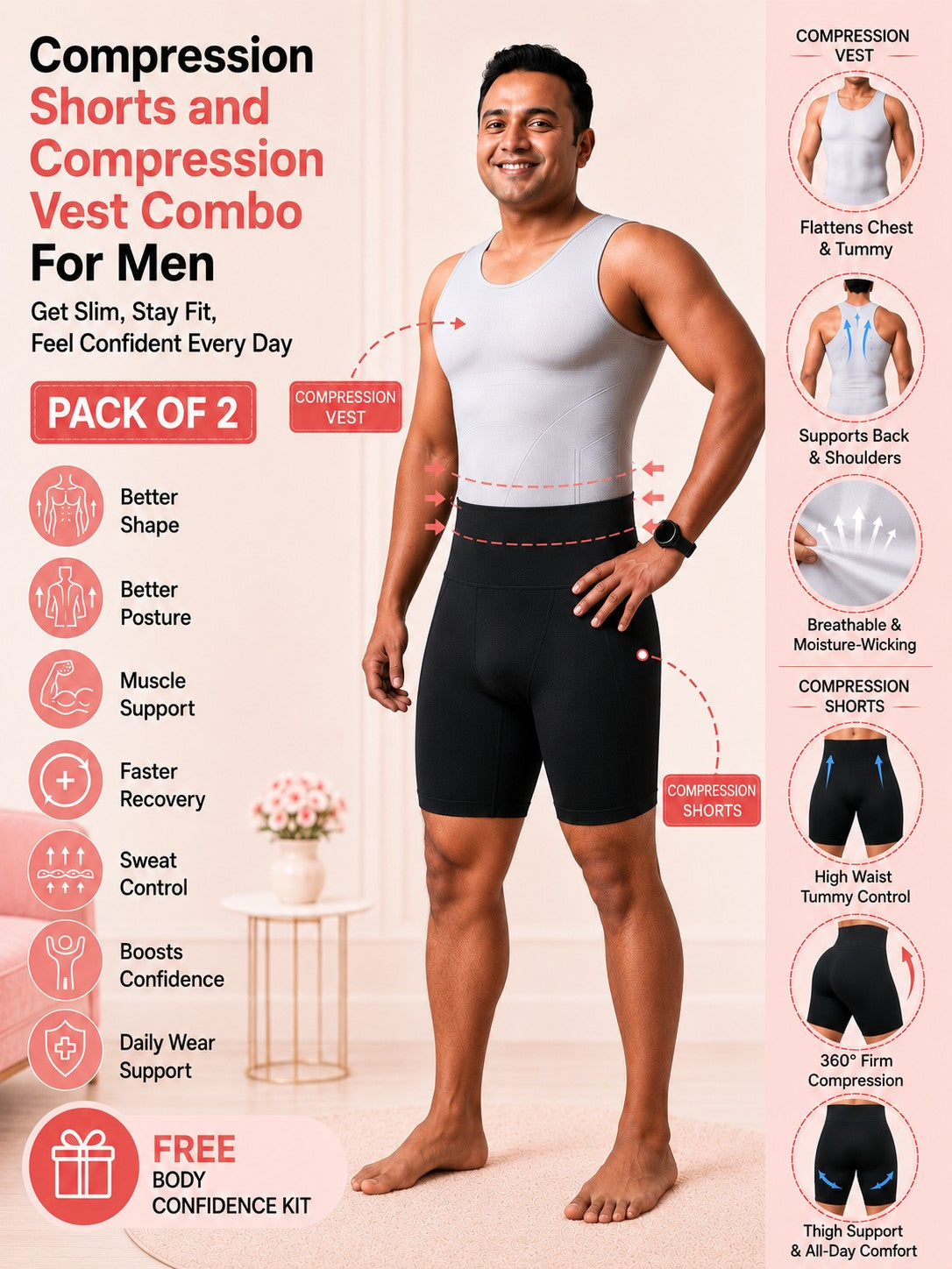 Compression Shorts and Compression Vest Combo For Men PACK OF 2 With FREE Body Confidence Kit
