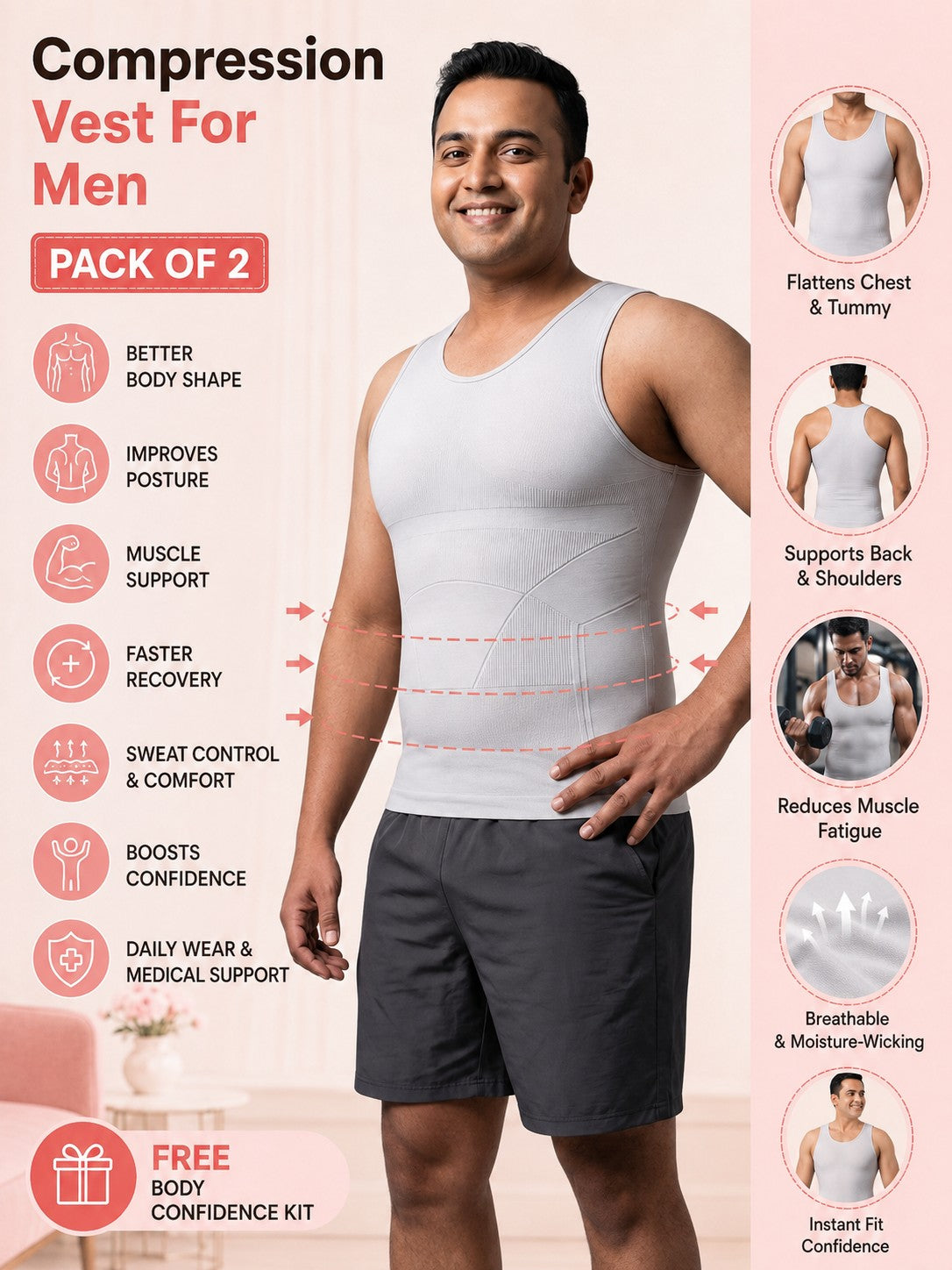 Compression Vest For Men PACK OF 2 With FREE Body Confidence Kit