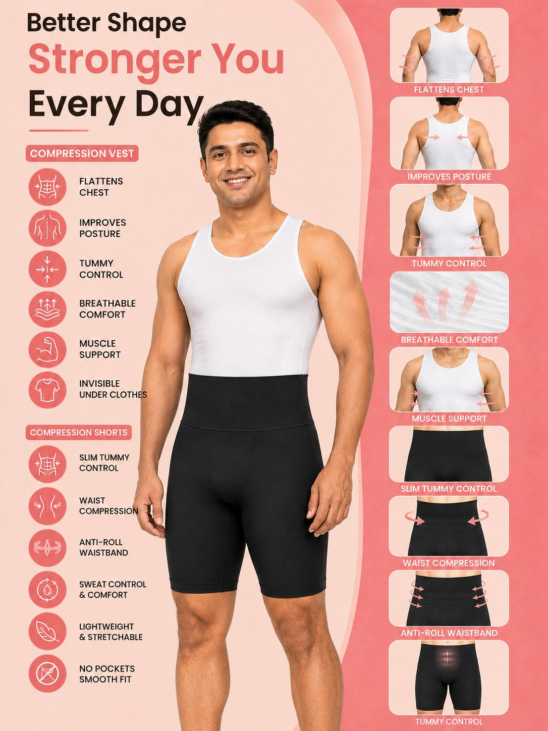 Compression Shorts and Compression Vest Combo For Men PACK OF 2 With FREE Body Confidence Kit