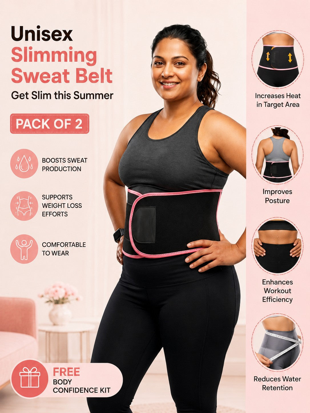 Unisex Slimming Sweat Belt Pack Of 2 With FREE Body Confidence Kit : Get Slim this Summer
